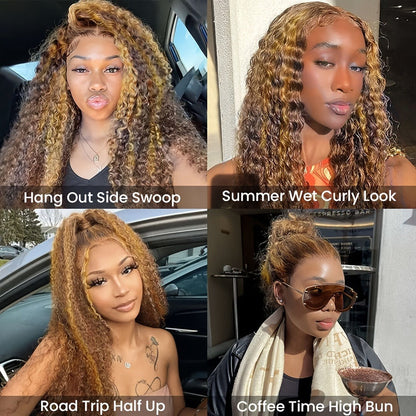 HD Lace Front Wig Honey Blonde Deep Wave 28 Inch – 200% Density P4/27 Ombre Highlight Long Curly Wavy, Pre Plucked Glueless Ready to Wear Synthetic Wig for Women, Party & Daily Use