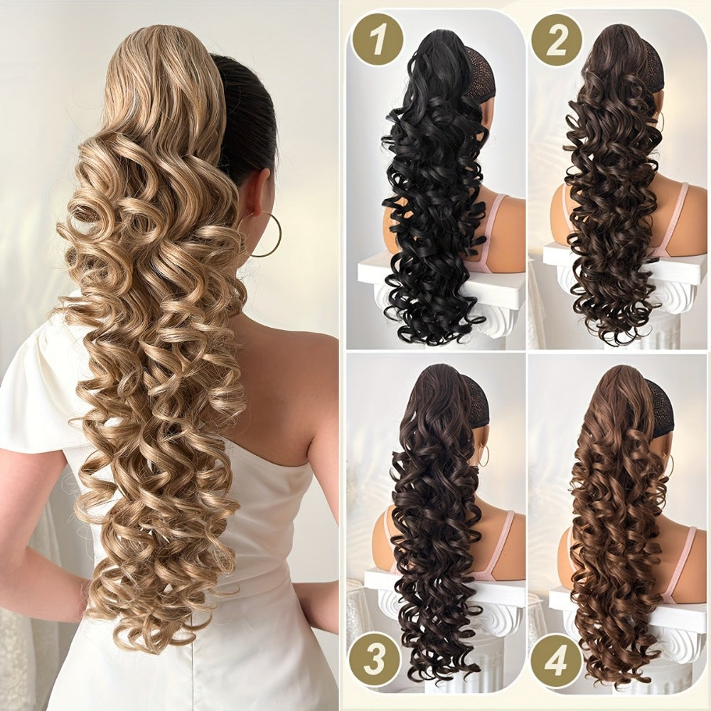 Curly Ponytail Extension 28 Inch Long Heat Resistant Synthetic Clip In Wrap Around Hairpiece Voluminous Bouncy Curls 4 Styles for Women Everyday Parties Festivals