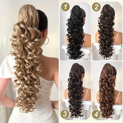 Curly Ponytail Extension 28 Inch Long Heat Resistant Synthetic Clip In Wrap Around Hairpiece Voluminous Bouncy Curls 4 Styles for Women Everyday Parties Festivals