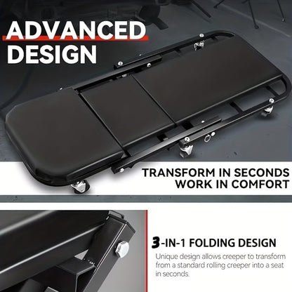 Rolling Mechanic Creeper Stool 300 lb – Foldable Z-Shape 3-in-1 Crawler Seat & Sliding Work Stool with 6 Swivel Casters, Thick Padded Cushion, for Car Truck Motorcycle Repair (Red / Grey)