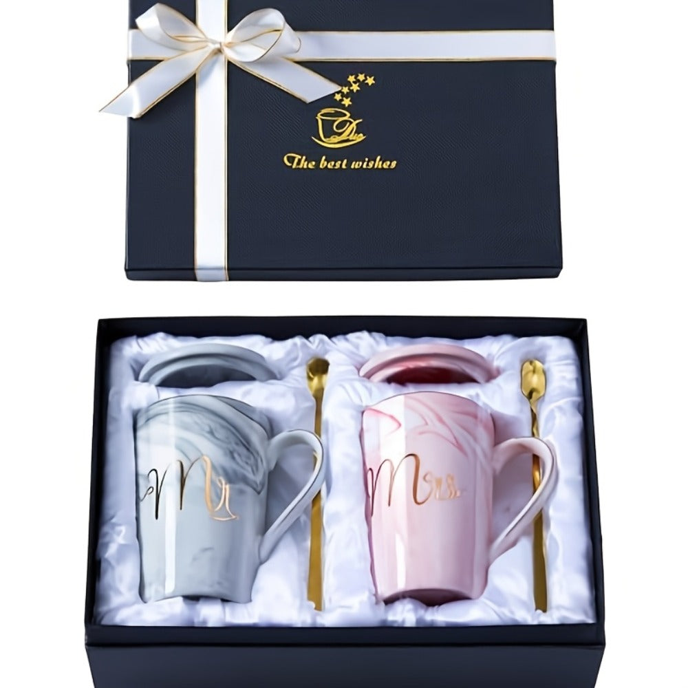 Mr and Mrs Mug Gift Set with Two 14 oz Grey and Pink Cups, Matching Spoons and Presentation Box