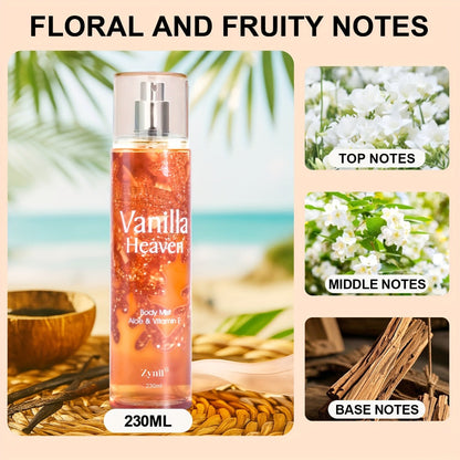 Fragrance Body Mist for Women, Floral, Fruity, Musk & Vanilla Body Spray with Aloe & Vitamin E, 3-8 fl oz
