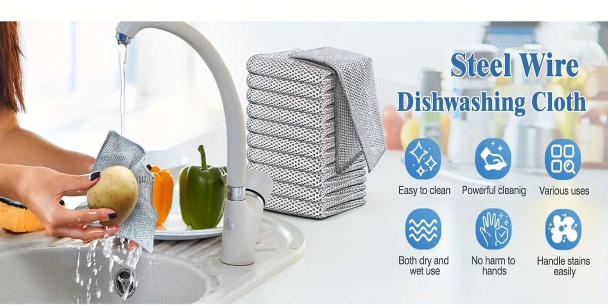 Stainless Steel Kitchen Scrubber Wire Cleaning Cloth Scratch Resistant Reusable Dish for Home Cooking, Dining and Outdoor Meals