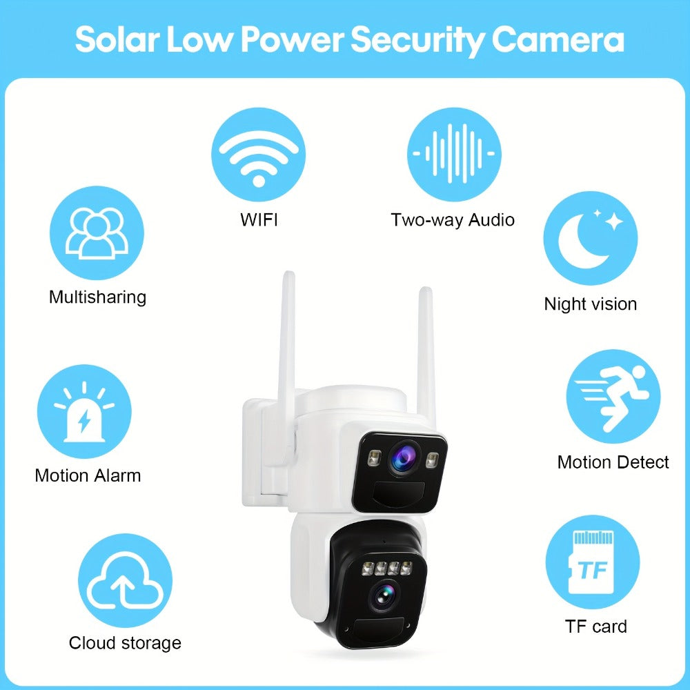 Security Camera Dual-Lens Solar Model with PIR Detection, Two-Way Audio, Spotlight Alarm and TF Card Options