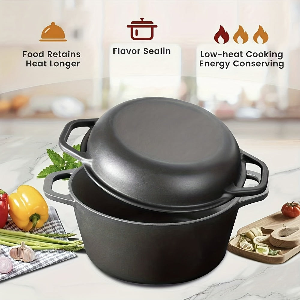 Cast Iron Dutch Oven Set 5.1QT & 7QT with Skillet Lid – Pre-Seasoned 2-in-1 Cookware for Stovetop, Induction, Oven, Campfire & BBQ, Sourdough Bread Baking, Frying, Camping