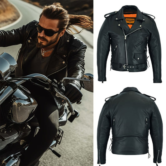 Motorcycle Leather Jacket Men – Heavy Duty Cowhide, Classic Black, Multiple Pockets, Adjustable Laces, Sizes S–XXXXL