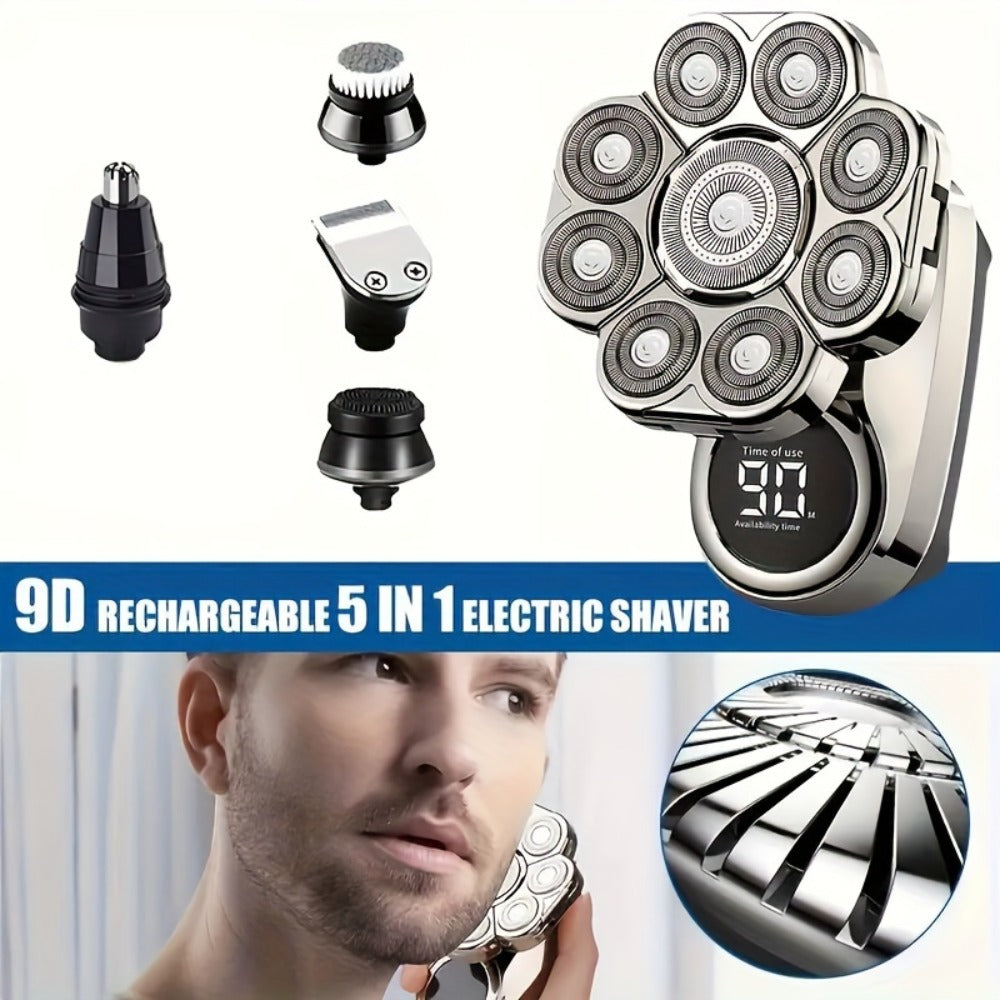 9D Electric Head Shaver for Bald Men – 5-in-1 Cordless Rechargeable Bald Head Razor & Grooming Kit for Home and Travel