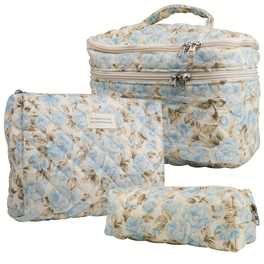 Makeup Bag – Set 3 PCS Quilted Cotton Dual Layer Large Capacity Floral Coquette Aesthetic Travel Cosmetic Bag Women Toiletry Organizer…