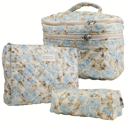 Makeup Bag – Set 3 PCS Quilted Cotton Dual Layer Large Capacity Floral Coquette Aesthetic Travel Cosmetic Bag Women Toiletry Organizer…