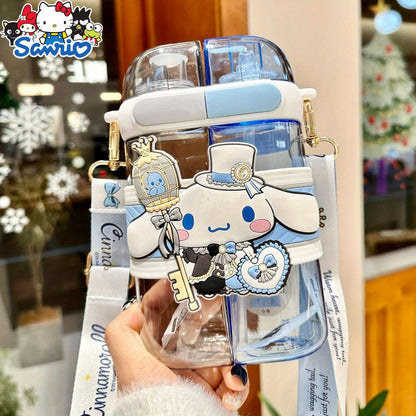 21.6oz Sanrio Water Bottle with Dual Covered Nozzles, Carry Strap and Kuromi or Cinnamoroll Design