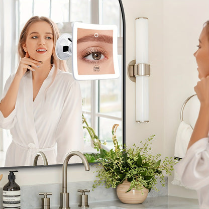 25X Magnifying Mirror with LED Light Suction Cup Mount, Lighted Makeup Mirror 360° Rotation Touch Control 3 Color Modes 2000mAh Rechargeable for Bathroom Vanity Eyebrow Skincare, Tweezer Gift Set