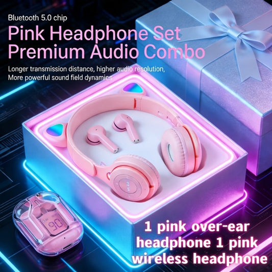 Cute Pink Cat Ear Headphones & Wireless Earbuds Gift Set Bundle LED Glowing Over-Ear Headset Combo for Girls Teens Women Birthday Holiday Back to School