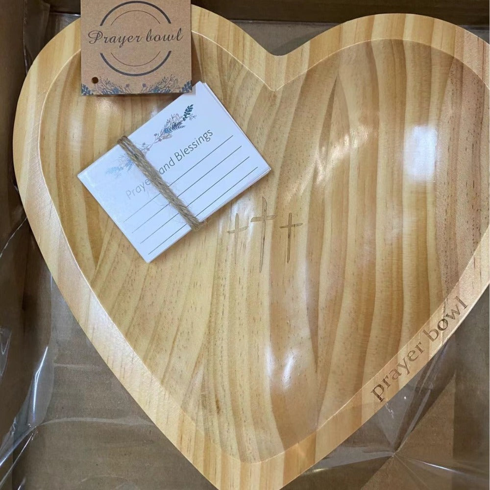 Heart-Shaped Wooden Prayer Bowl Set with Cross Engraving and Twenty-Four Printed Prayer Cards
