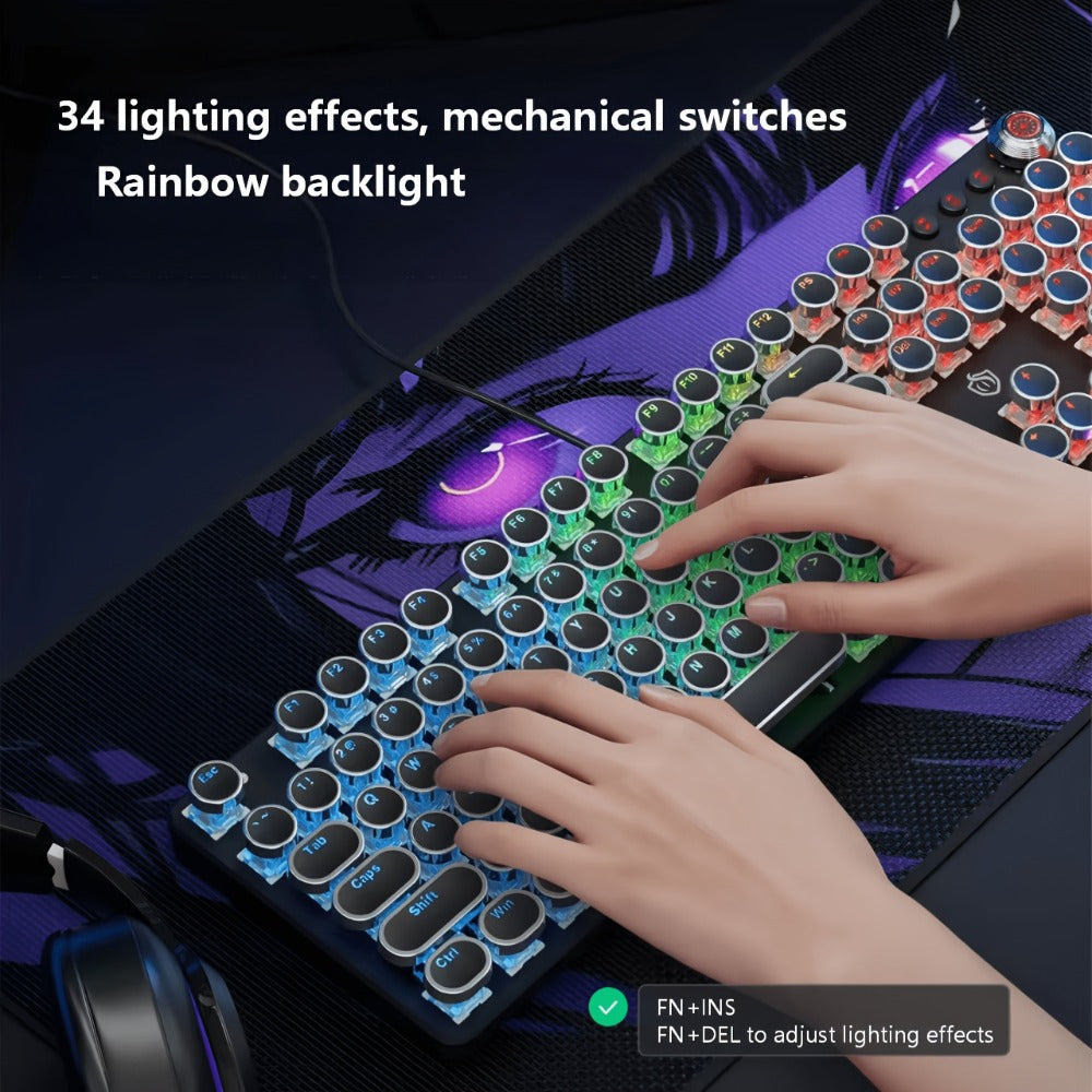 Steampunk Typewriter Mechanical Keyboard with Blue Switches – Retro Old-Fashioned USB Wired Gaming & Office Keyboard for Desktop Laptop PC Windows, Unique Aesthetic Gift for Gamers & Typists