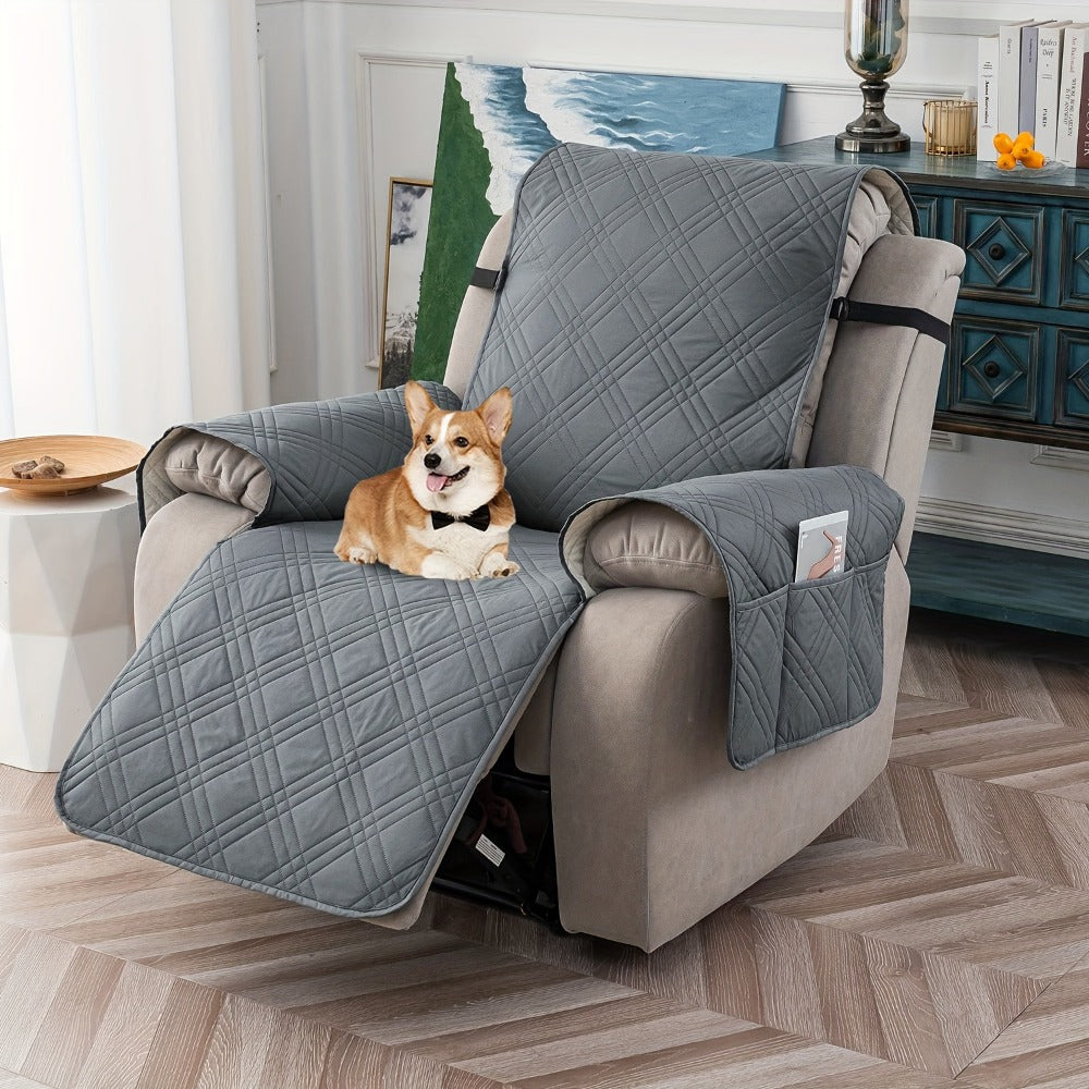 Chair Cover Quilted Recliner Throw with Side Pocket, Elastic Straps and Buckle in Ten Colors