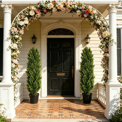 Two-Pack Artificial Cedar Topiary Trees with 4, 5 or 6 ft Height Options and Optional 16-Inch Black Planters