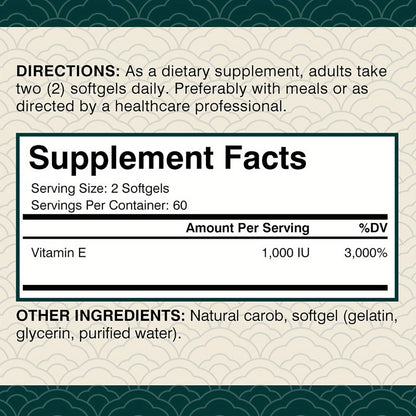 Vitamin E 1000IU Softgels 120 Count High Potency Antioxidant Supplement for Hair, Skin, Nails & Eye Health – Gluten-Free Immune Support 120-Day Supply for Women & Men