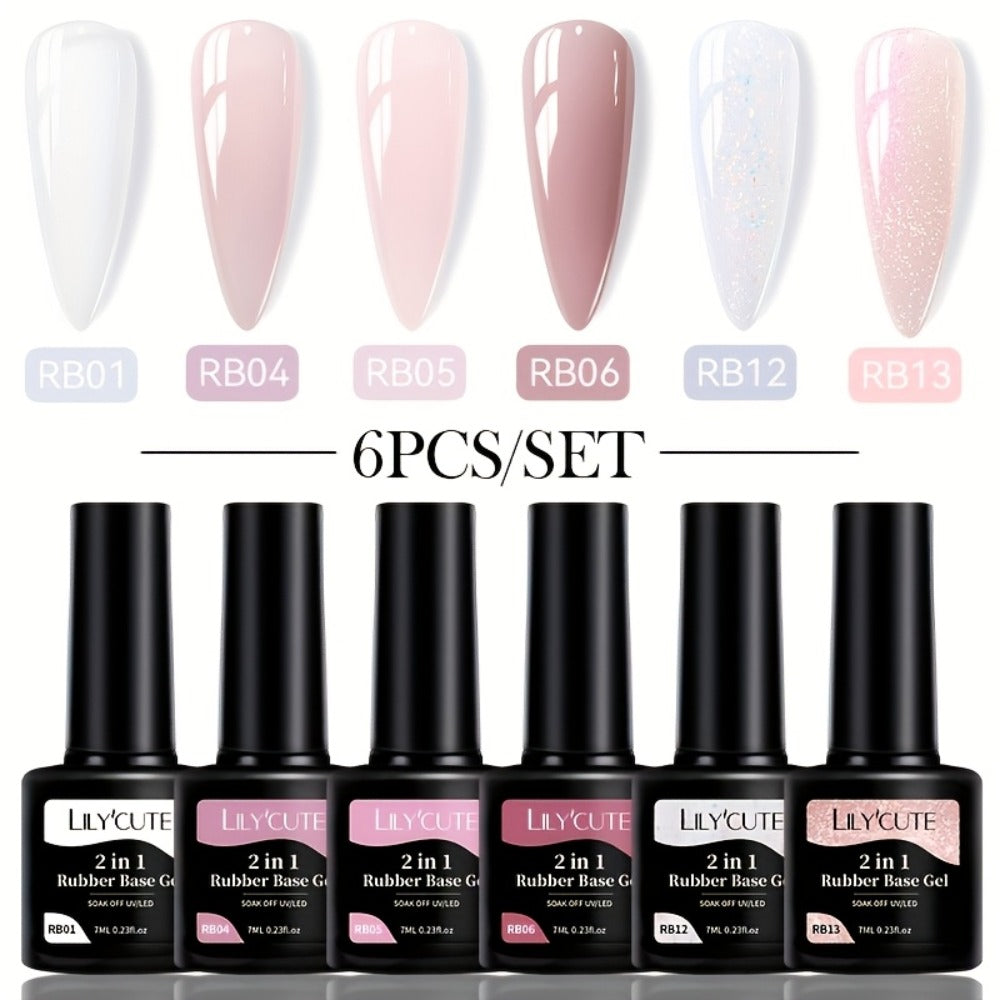 Rubber Base Gel Polish Set 6pcs Nude Pink 2-in-1 Builder Base Coat – Self-Leveling Soak Off UV LED Semi-Permanent Long-Lasting Gel Manicure Kit 0.24oz Each for DIY & Salon Nail Art Women
