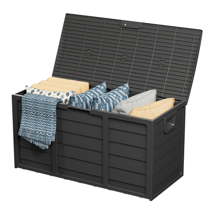 75-Gallon Pure Black Outdoor Storage Box with 44-Inch Pictured Width, Hinged Lid and Side Handles
