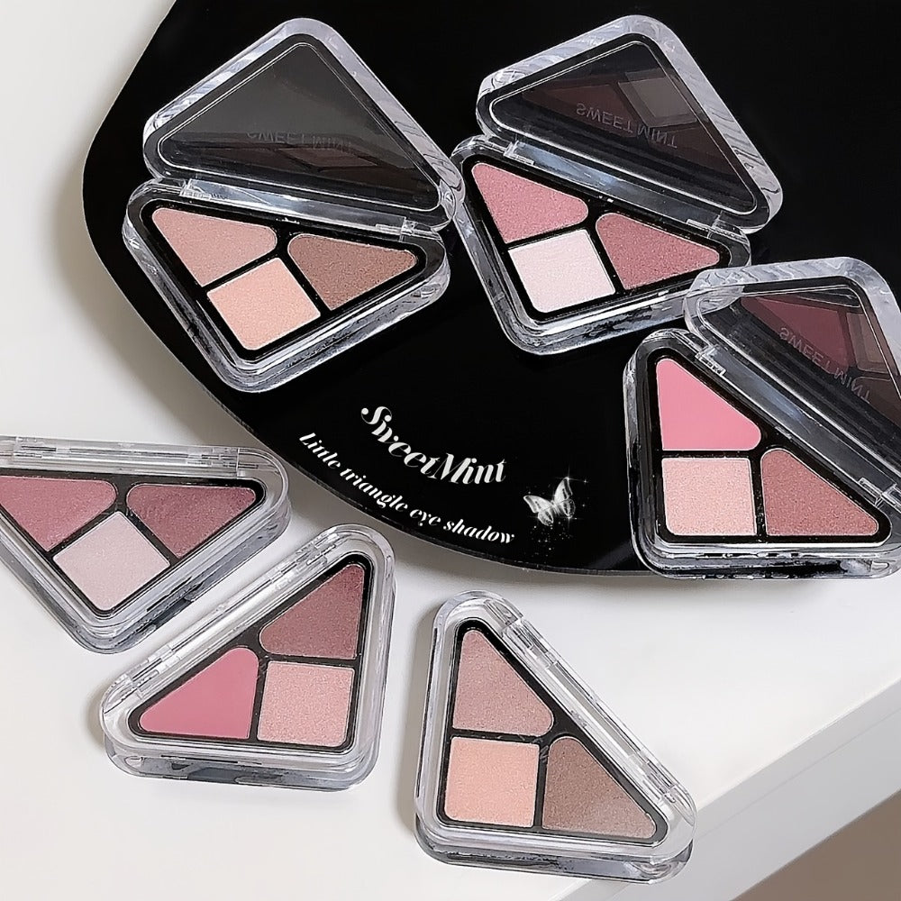 Eyeshadow Palette 3-Shade Triangular Compact with Pink and Brown Color Theme, Clear Lid and Matte-Shimmer Finish Mix