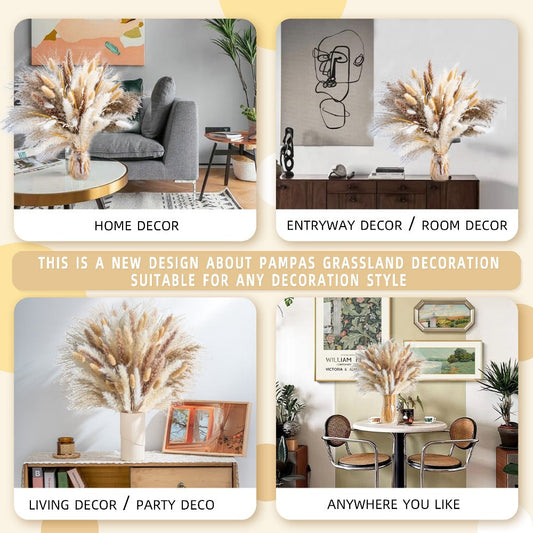 Natural Pampas Grass Decor Bouquet 105/120pcs Boho Dried Floral Arrangement - Centerpiece Table Decor for Wedding Living Room Rustic Boho Home Decoration Vase Filler