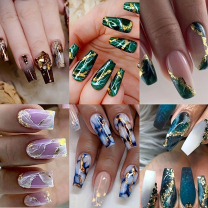 Press On Nails 144-Piece Medium Coffin Set with Blue Marble, Sequins and Included Nail Glue