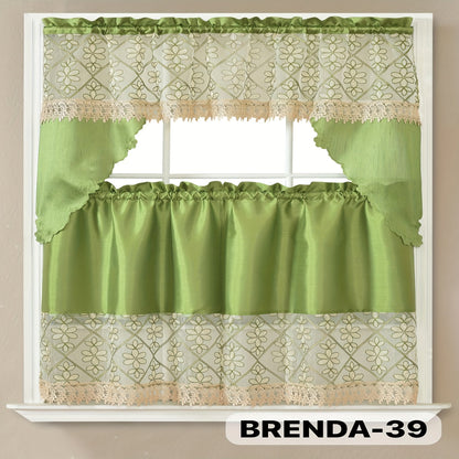 Three-Piece Patterned Kitchen Curtain Set with One Valance, Two Tiers and Forty-Six Exact Design Options