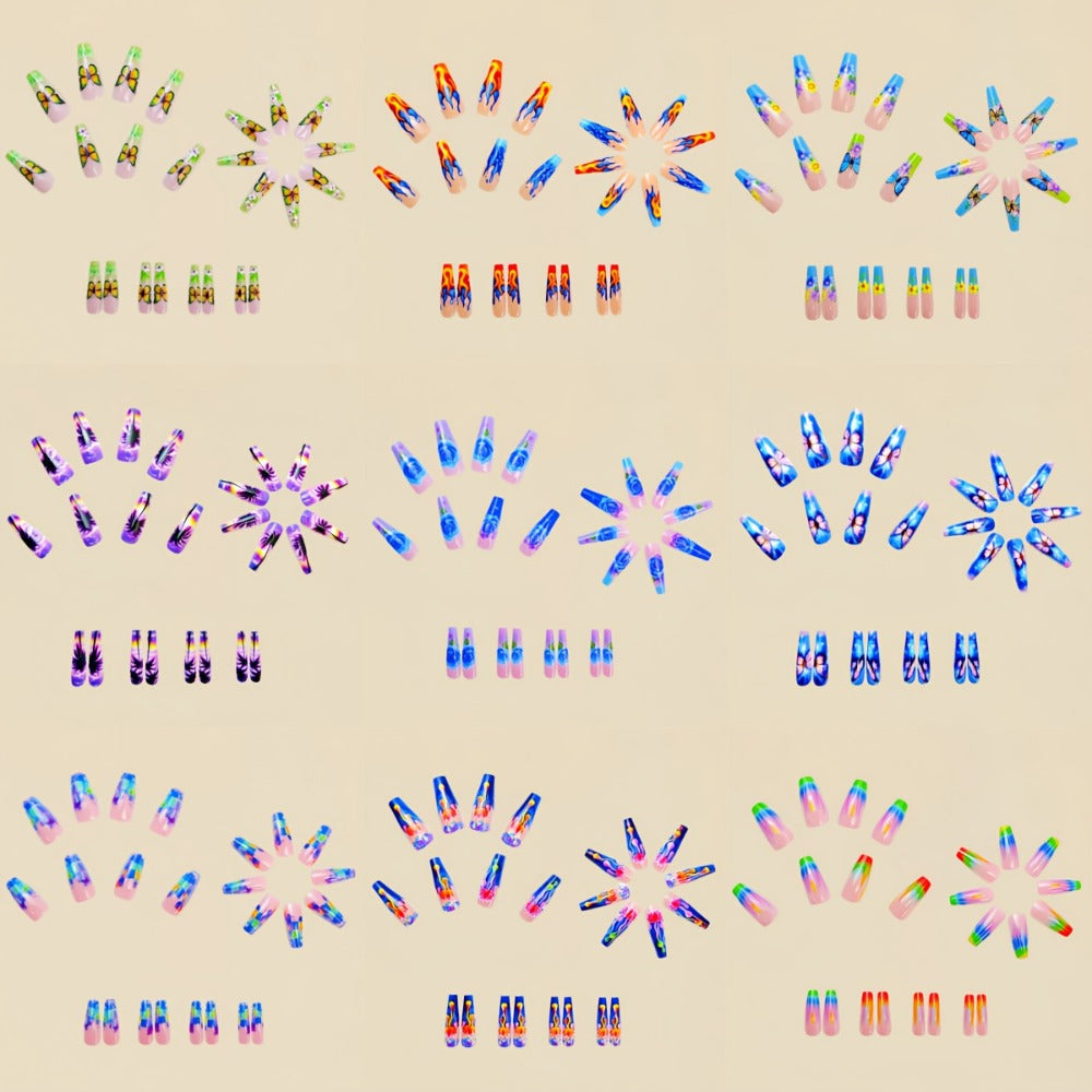Press On Nails 216-Piece Medium Ballet Coffin Set with Floral, Butterfly, Gradient and Marble Designs