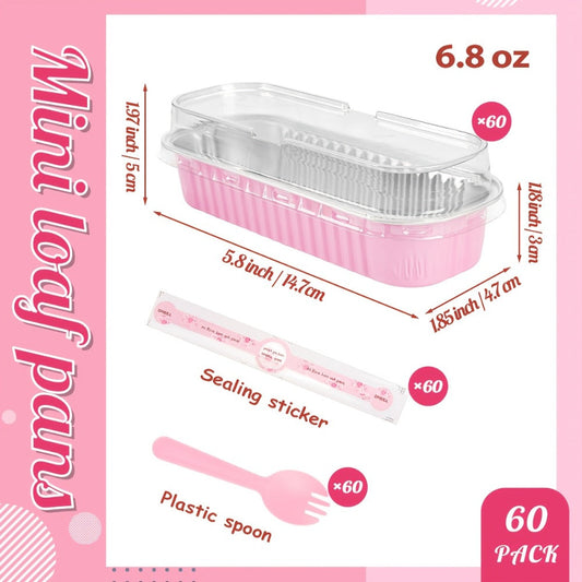 Mini Loaf Pans 60pcs Aluminum Foil Rectangular with Lids and Spoons 6.8oz Mini Cheesecake Containers Individual Portion Baking Pans for Desserts Gifts Pink