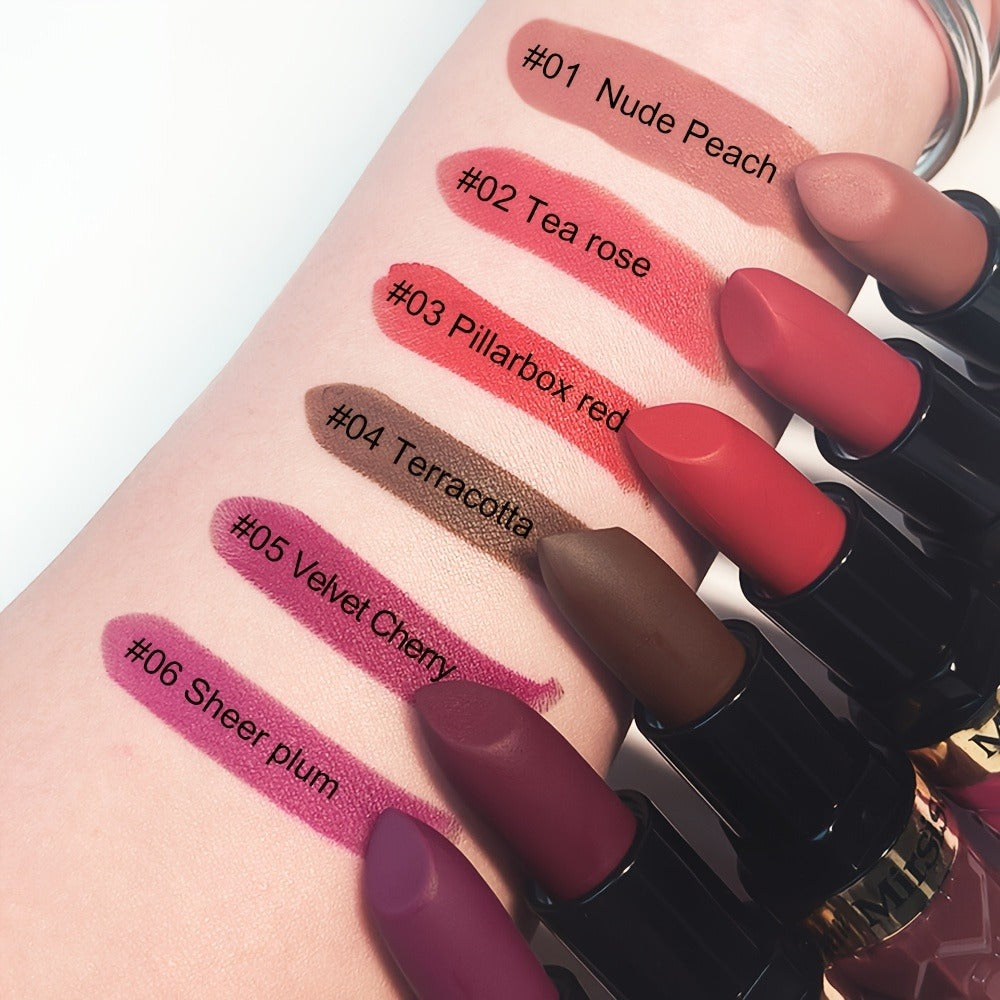 Lipstick Set, Mirsist 6-Piece Silky Matte Bullet Collection in Nude, Red, Brown, Berry and Plum Colors