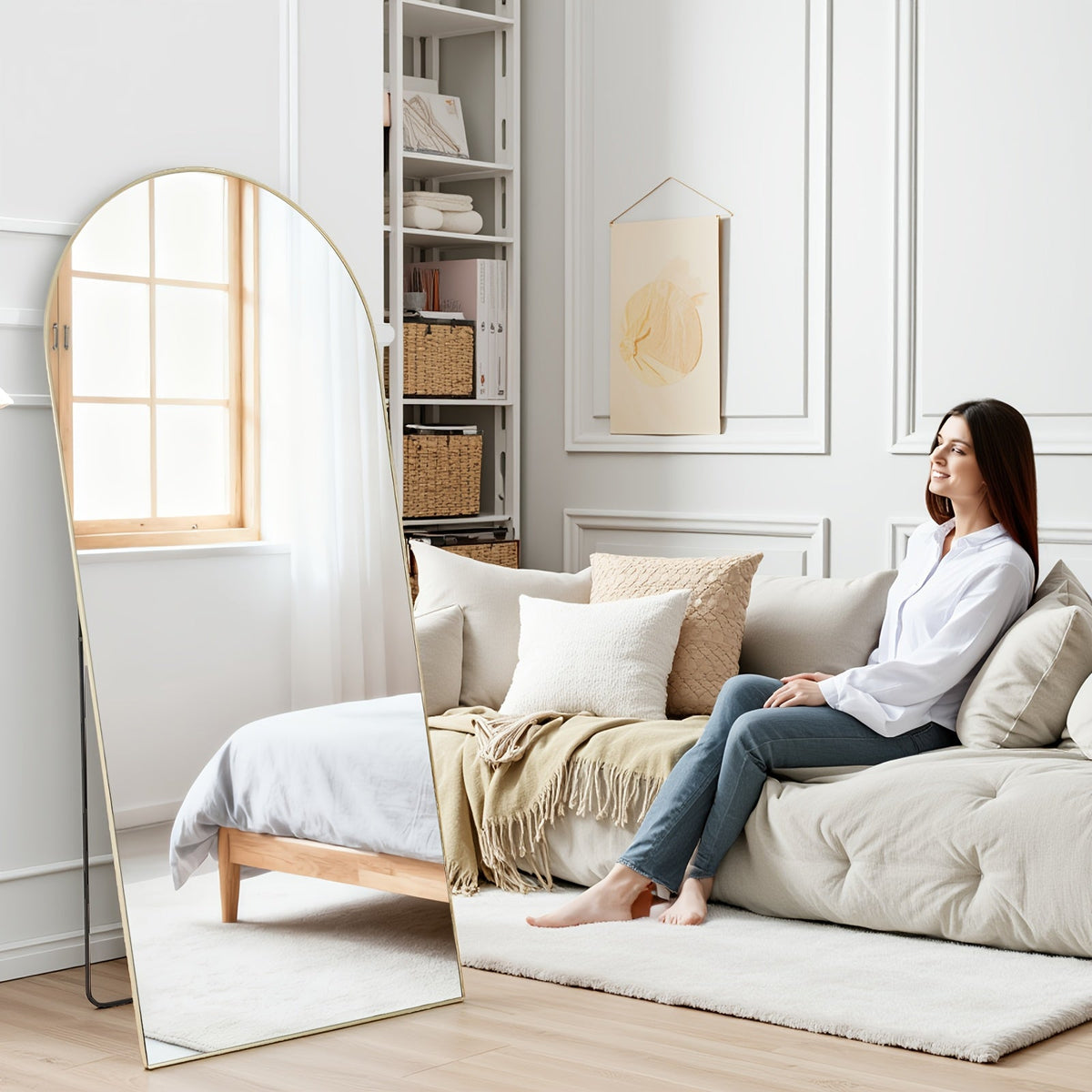 Full Length Mirror Floor Standing, Arched & Rect Body Mirror with Stand, Hanging or Leaning Wall Mirror, Aluminum Alloy Thin Frame for Bedroom Hotel Bathroom