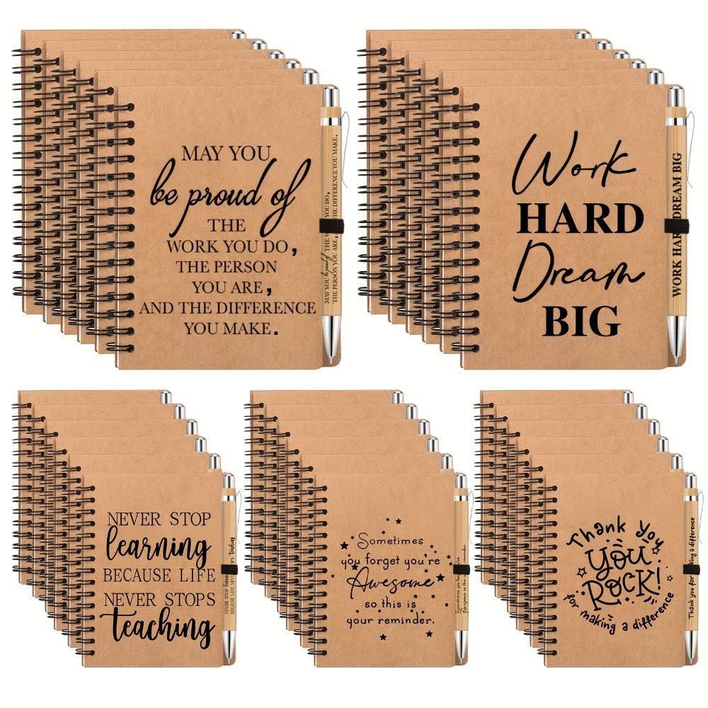 Spiral Notebooks with Retractable Bamboo Pens Bulk Gift Set – 30 Pack Inspirational Journals Thank You Gifts for Teachers Employees Back to School Encouragement Notepad