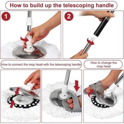 Spin Mop and Bucket with Wringer Set, 360° Spinning Mop System, 4 Microfiber Replacement Heads, Stainless Steel Adjustable Handle, Heavy-Duty Floor Cleaning Kit for Hardwood Tile Laminate Kitchen Bathroom