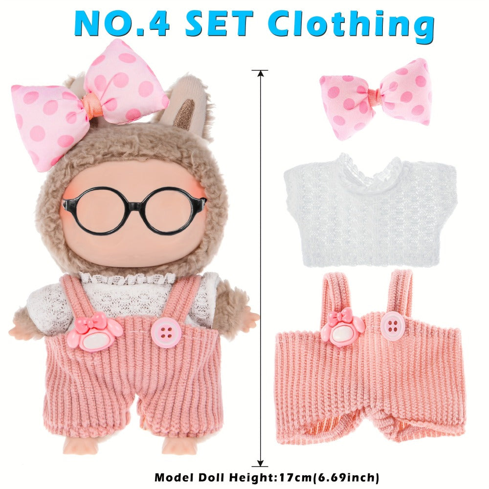 Six-Outfit Doll Clothes Set for 17cm Mini Dolls with Coordinated Tops, Shorts, Skirts, Overalls and Hats