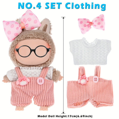 Six-Outfit Doll Clothes Set for 17cm Mini Dolls with Coordinated Tops, Shorts, Skirts, Overalls and Hats