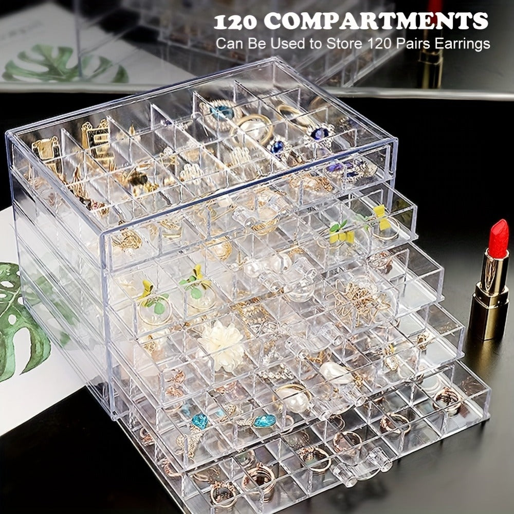 Jewelry Storage Box 5-Layer Drawer Organizer – Transparent Nail Art Accessory Storage Container for Earrings Rings Necklaces Beads 120 Cells