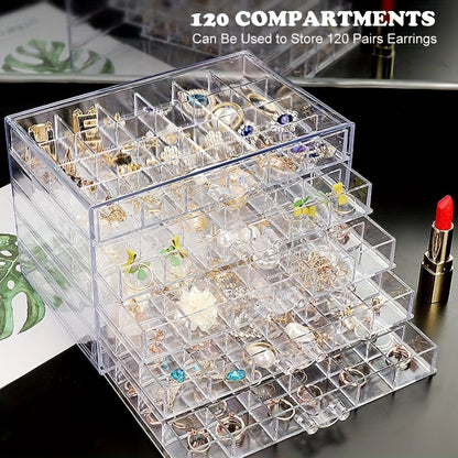 Jewelry Storage Box 5-Layer Drawer Organizer – Transparent Nail Art Accessory Storage Container for Earrings Rings Necklaces Beads 120 Cells