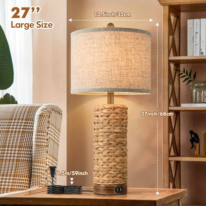 Table Lamp Set of Two with 27-Inch Woven Seagrass Bases, Linen Shades, Dual USB Ports and E26 Sockets