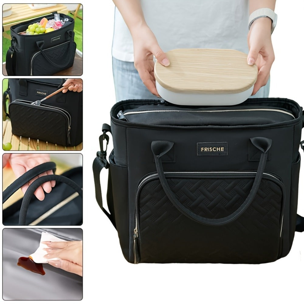 11L Quilted Lunch Bag Tote with Front Zipper Pocket, Side Tissue Pocket, Strap and Four Colors