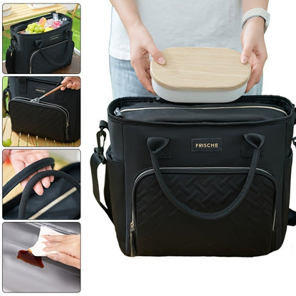 11L Quilted Lunch Bag Tote with Front Zipper Pocket, Side Tissue Pocket, Strap and Four Colors