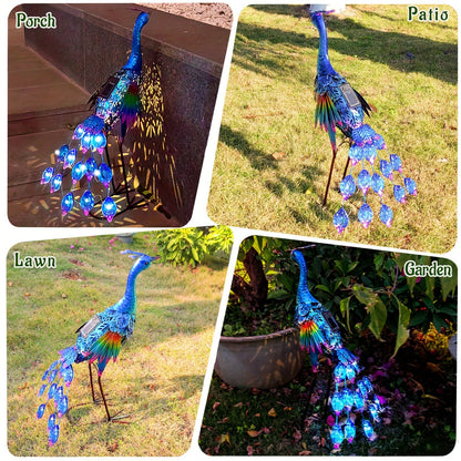 Solar Peacock Garden Statue with Blue Metal-Look Body, Hollow Feather Panels and Flickering Tail LEDs