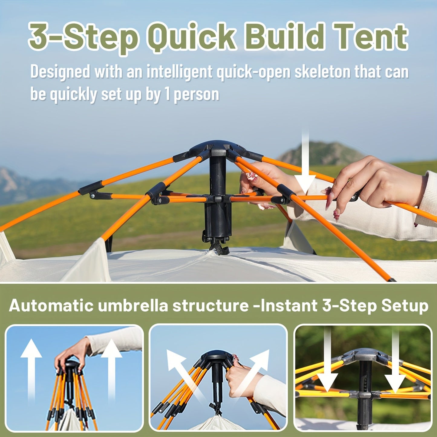 Camping Tent Pop-Up with Dual Doors, Optional Mesh Windows and 1-3 or 3-4 Person Source Options