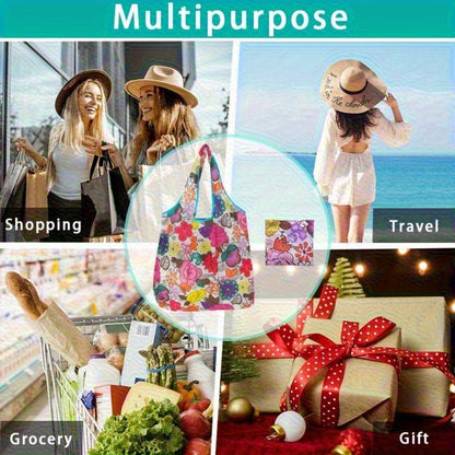 Reusable Foldable Shopping Tote Bag Set with Eight Assorted Printed Designs and Matching Zipper Pouches