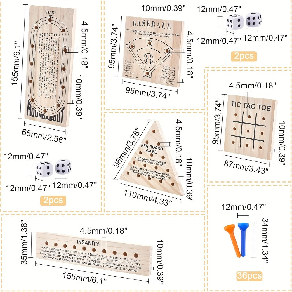 Five-Game Wooden Tabletop Set with Peg Boards, Dice and Playing Pieces for Adult Strategy and Family Game Nights