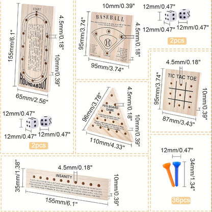 Five-Game Wooden Tabletop Set with Peg Boards, Dice and Playing Pieces for Adult Strategy and Family Game Nights