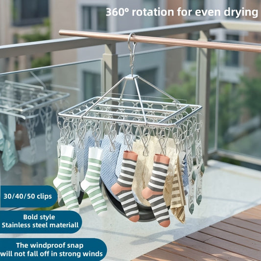 Clothes Drying Rack with Clips Stainless Steel Laundry Hanger Windproof Skidproof Multi-Clip Sock Underwear Dryer for Home Bedroom Balcony – 30/40/50 Clips