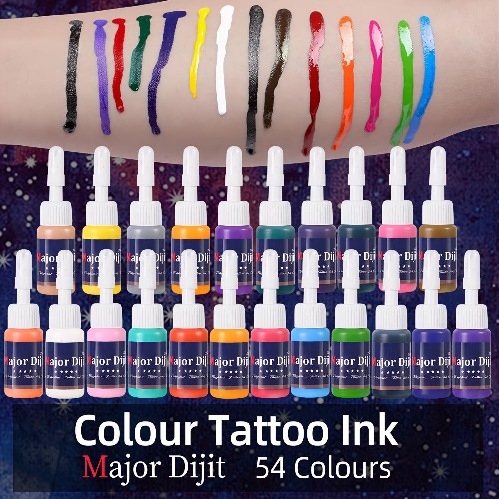 54 Color Tattoo Ink Set Professional - Complete Permanent Tattoo Ink Kit Full Spectrum Vibrant Pigments, Long-Lasting Fade-Resistant Formula, for Rotary Coil & Pen Tattoo Machine, Artists & Beginners