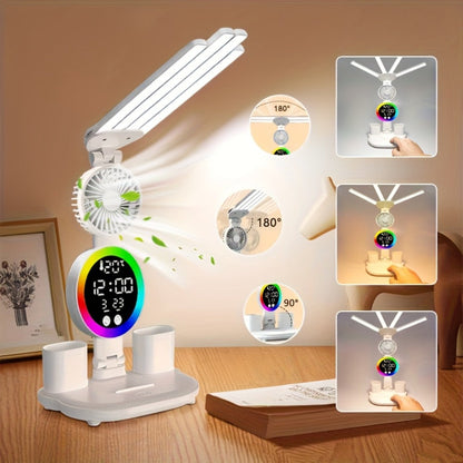 Multifunction LED Desk Lamp with Dual Light Bars, Built-In Fan, Digital Clock Display and One- or Two-Pack Options