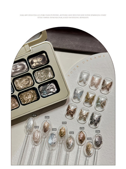 Shimmer Nail Art Gel Nine-Color Grid Palette with Metallic Neutral or Milky Way Color Selection
