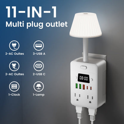 Power Strip 9-in-1 Desktop Station with LED Lamp, Digital Clock, 4 AC Outlets, 3 USB-A and 2 USB-C Ports